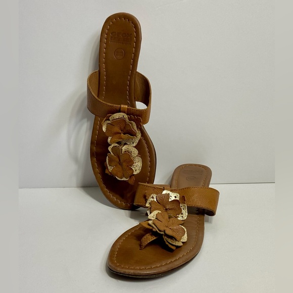 Geox Women’s Artisan Sandal Flip Flops Thong Brown Leather Gold Flower Size 8.5 - Picture 3 of 10